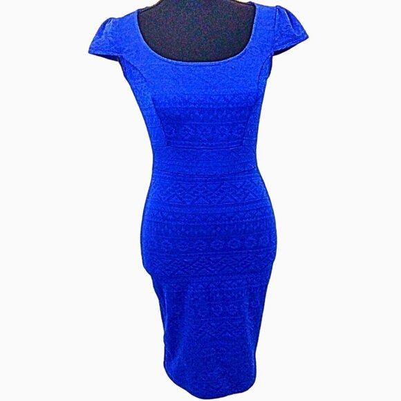 WINDSOR COLLECTION ROYAL BLUE GEOMETRIC PATTERN BODYCON DRESS - SIZE S - Picture 1 of 5